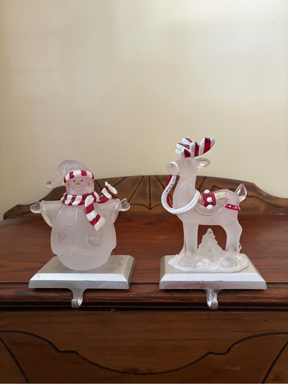 VINTAGE Frosted Glass Snowman and Reindeer Holiday Mantel Hooks - Red & White